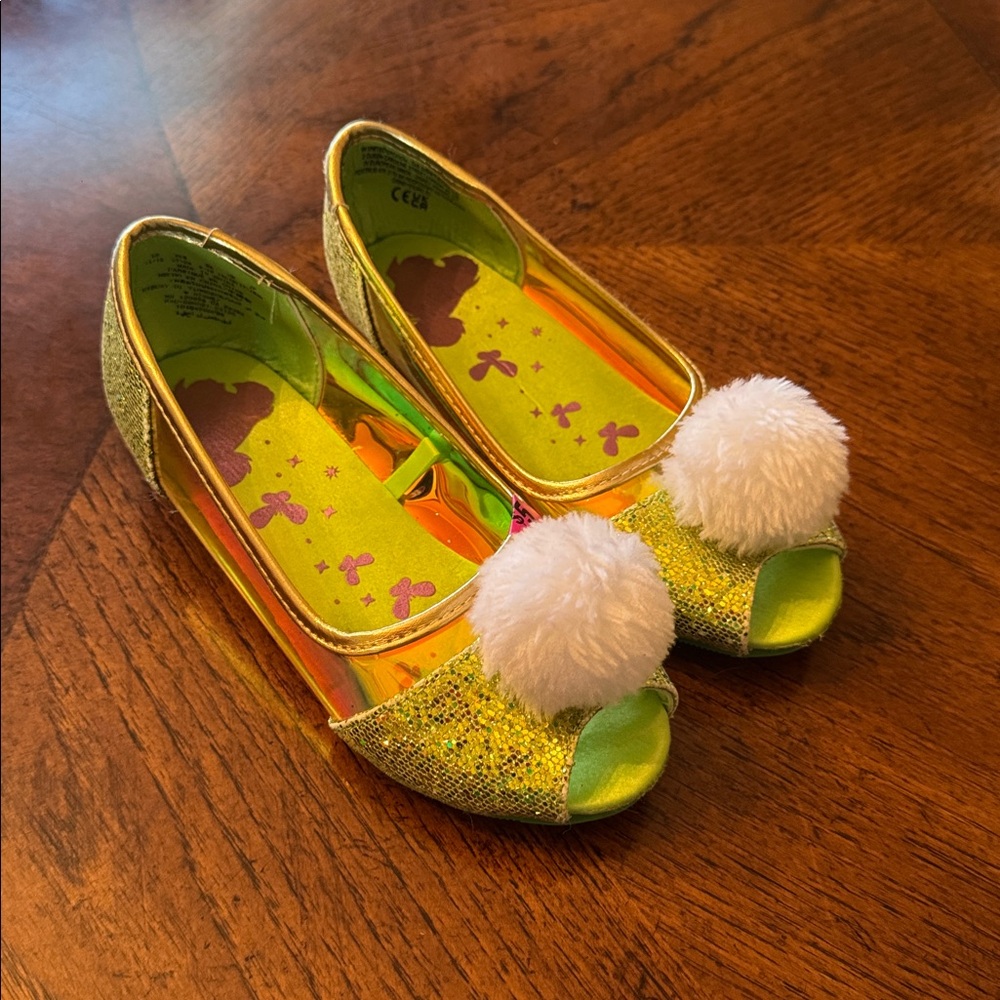 Glittery Yellow Peep Toe Flats with Pom Poms